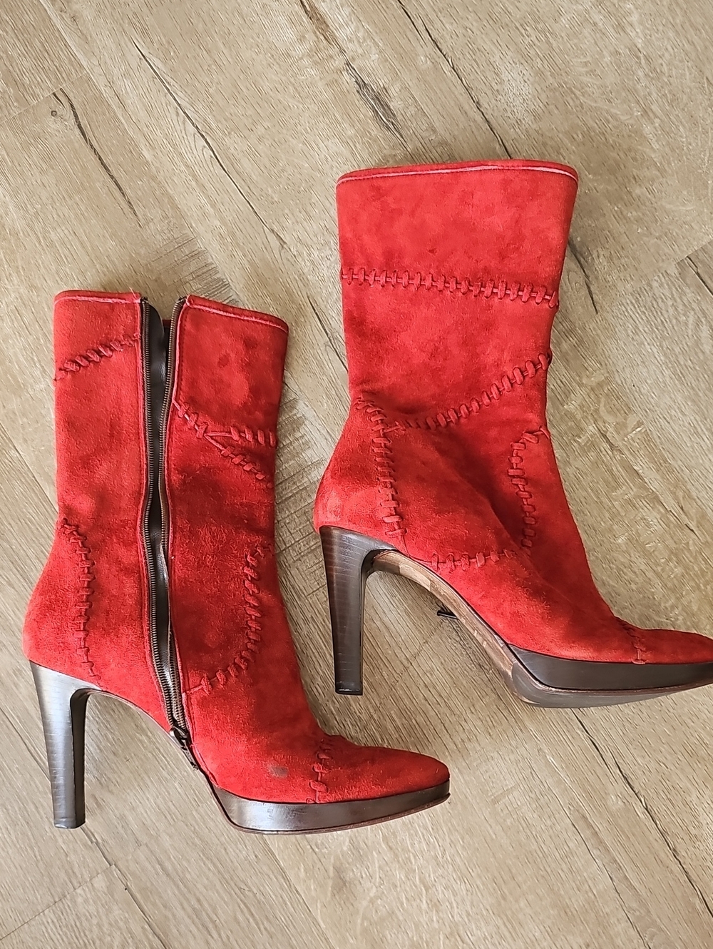 Antonio Eboli Red Suede High-Heel Mid-Calf Boots Made In Italy SZ 7.5 US